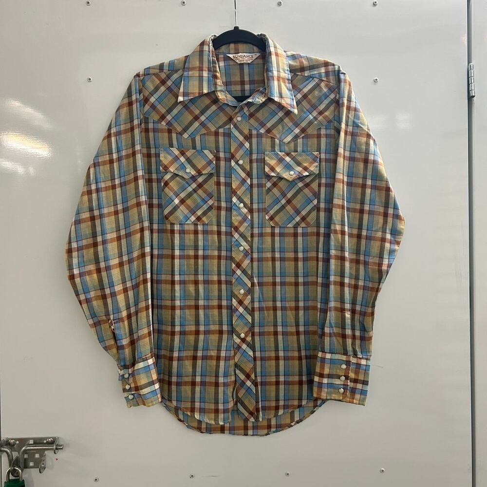 VTG 70s Sundance western madras plaid pearl snap shirt